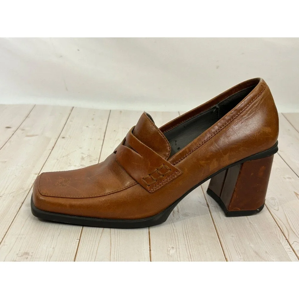 ME TOO Oceana Block Heel Penny‎ Square Toe Leather Loafers Size 5.5M US